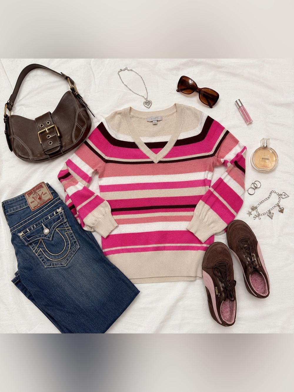 Y2K Pink Stripe Puff Sleeve Knit Sweater Coquette 2000s Soft Girl Preppy V-Neck